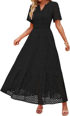 ZYXTIM Eyelet Dresses for Women 2025 Short Sleeve Casual A Line Boho Maxi Dress V Neck Fashion Summer Beach Vacation Sundress