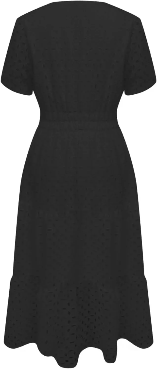 ZYXTIM Eyelet Dresses for Women 2025 Short Sleeve Casual A Line Boho Maxi Dress V Neck Fashion Summer Beach Vacation Sundress