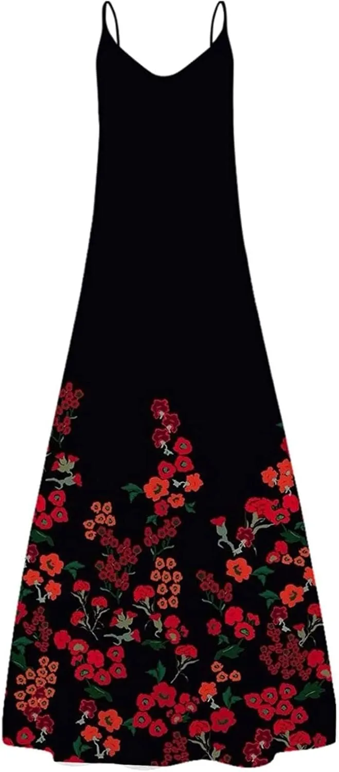 ZYXTIM Women Spaghetti Strap Long Maxi Dresses Novelty Print Sleeveless Floral Dress Casual Fashion Summer Beach Dress