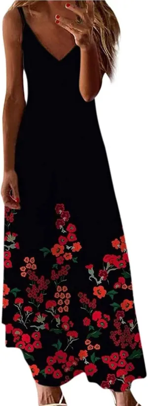 ZYXTIM Women Spaghetti Strap Long Maxi Dresses Novelty Print Sleeveless Floral Dress Casual Fashion Summer Beach Dress