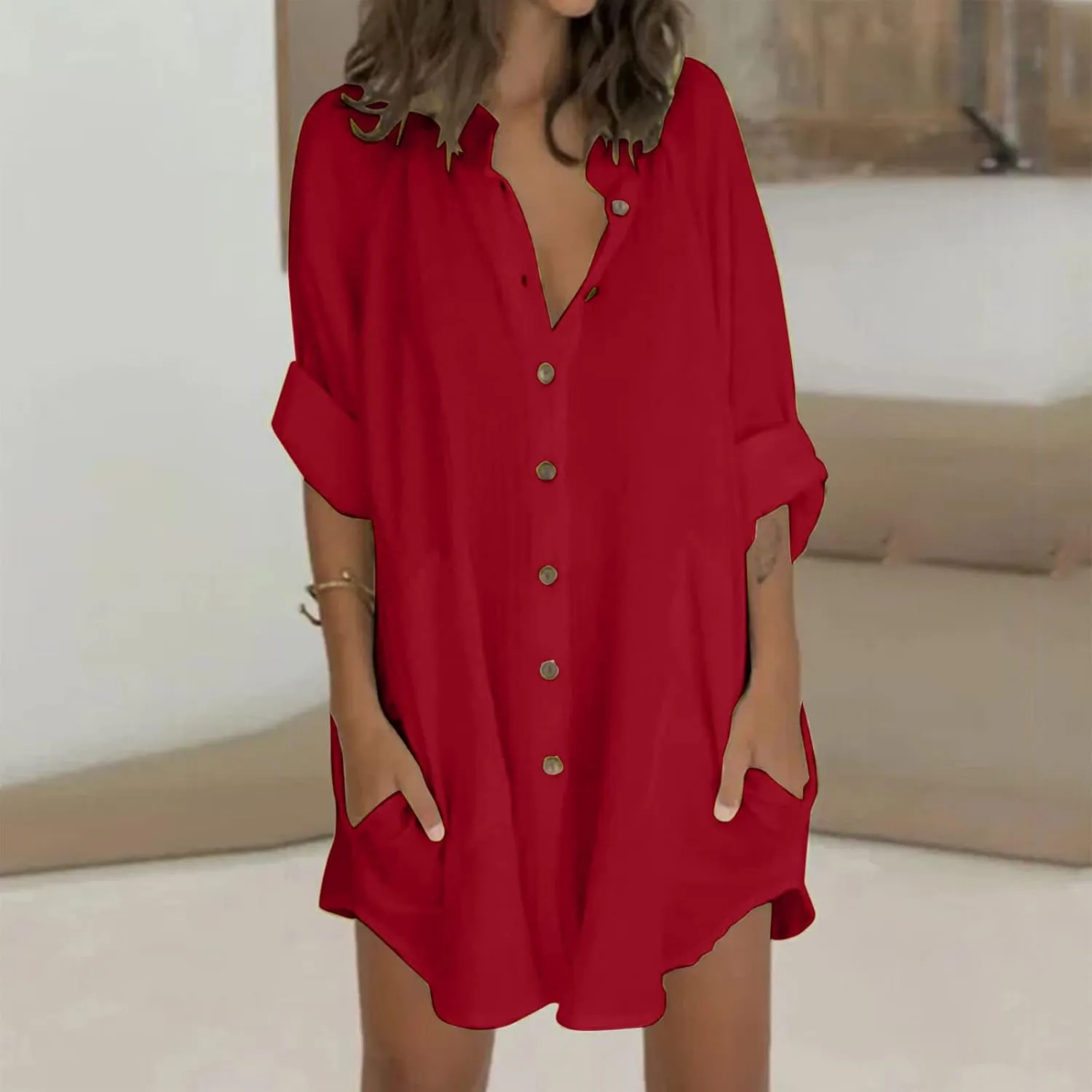 ZYXTIM Women's Summer Casual T Shirts Dresses Cuffed Sleeve Button Down Loose Fit Plain Dress Vacation Travel Beach Cover Up