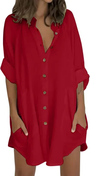 ZYXTIM Women's Summer Casual T Shirts Dresses Cuffed Sleeve Button Down Loose Fit Plain Dress Vacation Travel Beach Cover Up